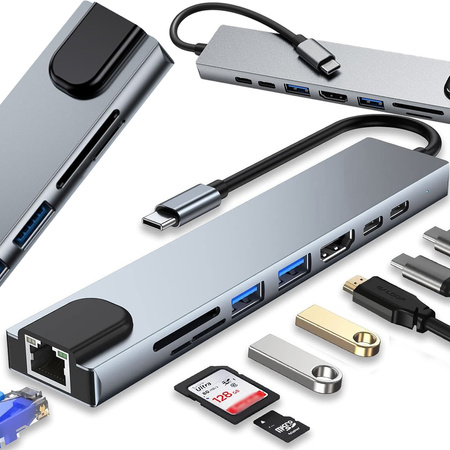 Hub adapter USB-C HDMI 4K Rj45 czytnik SD VG4140